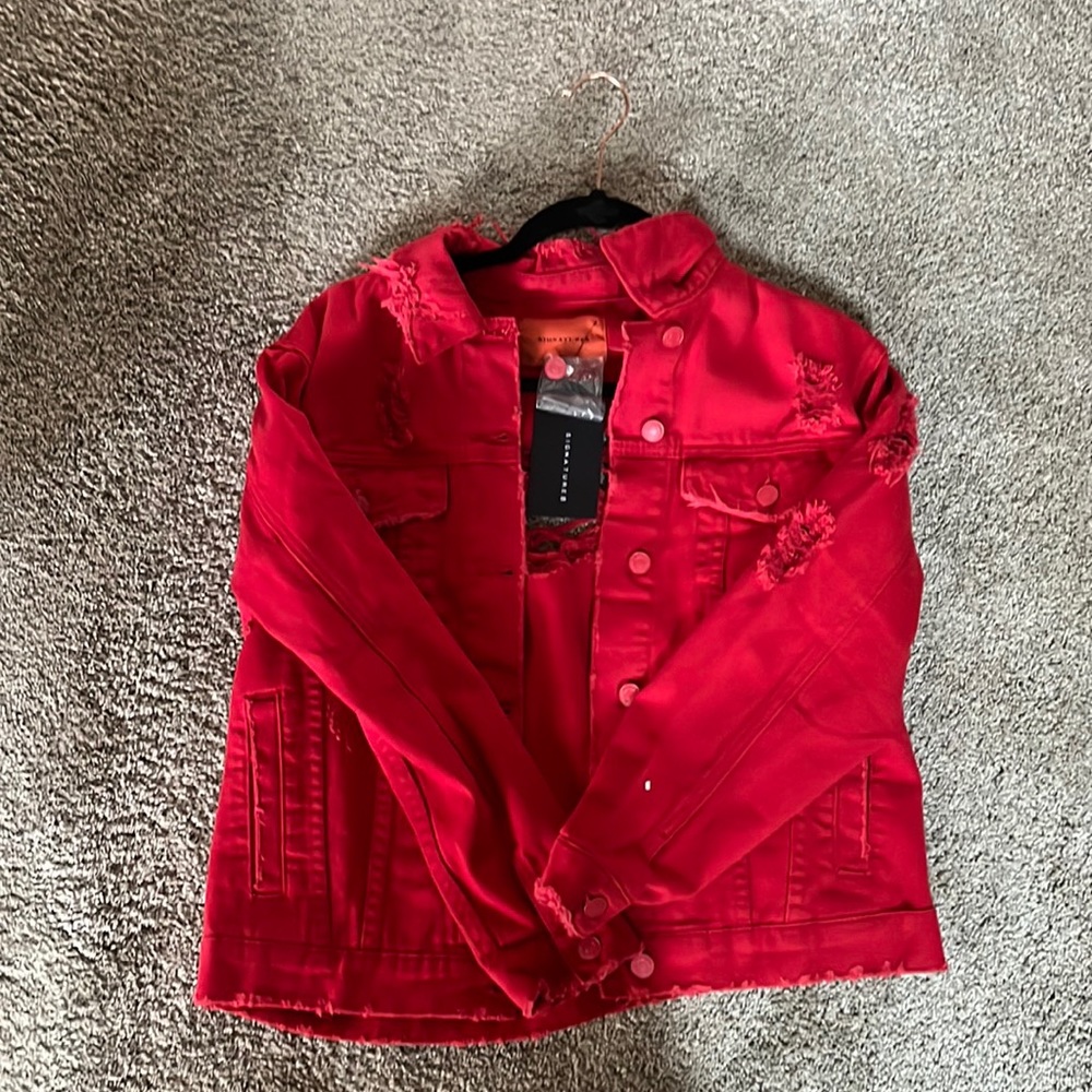Red distressed jean jacket